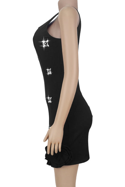 Rhinestone 3D Rosette Hem Mini Dress
