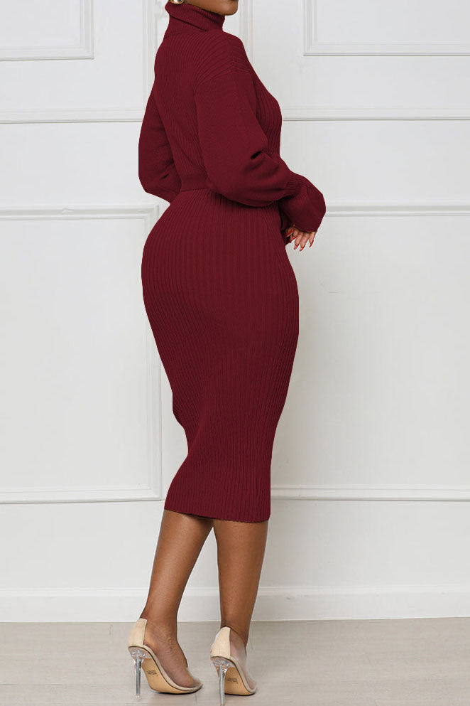 Rib Knit Tie Waist Midi Dress