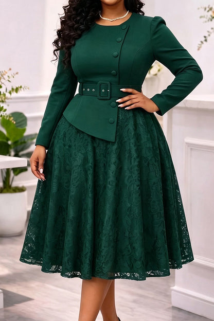Belted Jacket Lace A Line Midi Dress