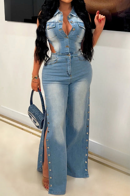 Sleeveless Cut Out Wide Leg Slit  Denim Jumpsuit