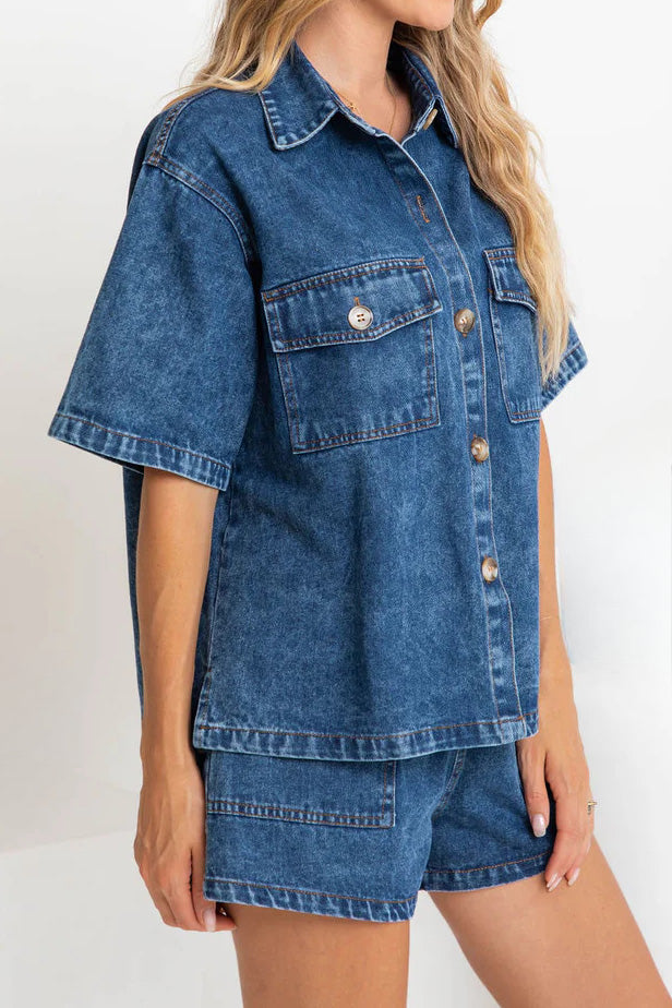 Vintage Elastic Waist Loose Denim Set