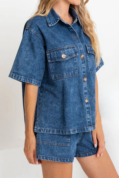 Vintage Elastic Waist Loose Denim Set