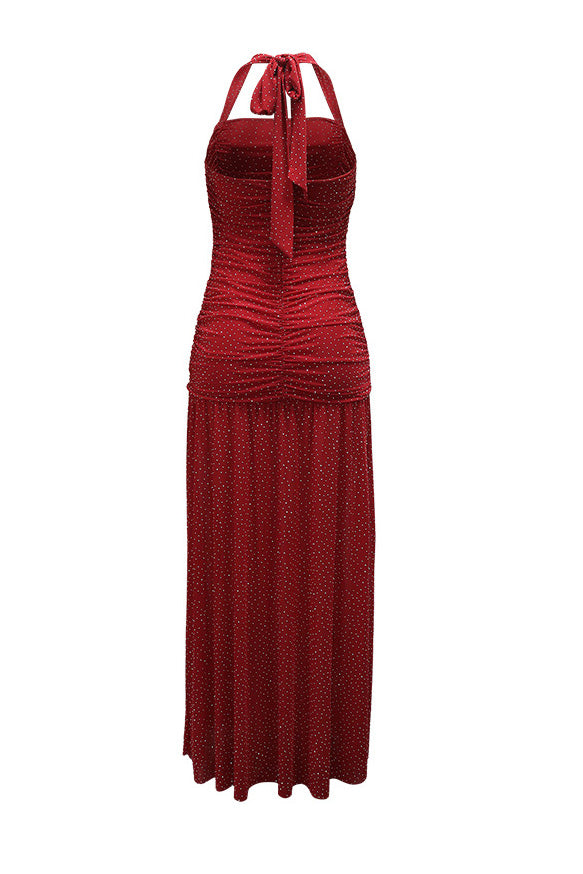 Shimmer Ruched Halter Slit Maxi Gown