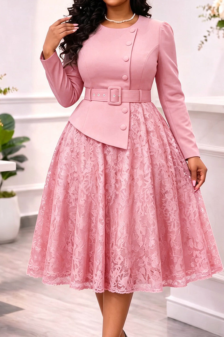 Belted Jacket Lace A Line Midi Dress