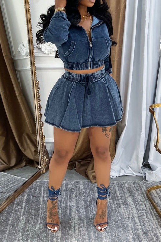 Hooded Denim Jacket & Skirt Set