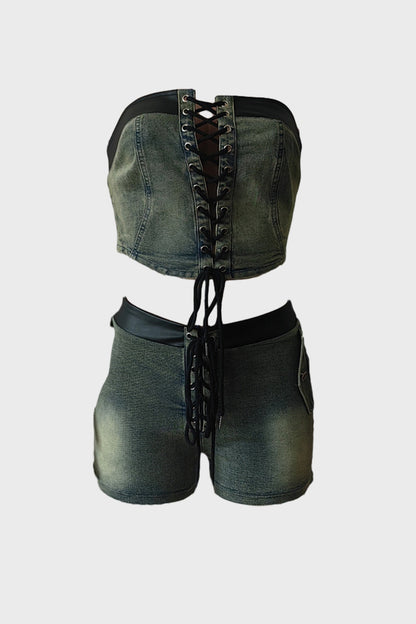 Denim Lace up Tube Top Shorts Stretch Set