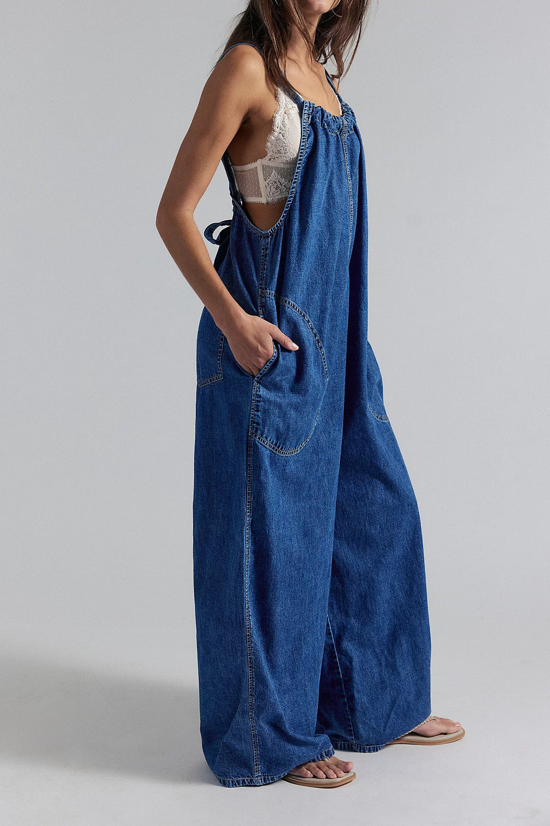 Slouchy Tie-Back Wide Leg Denim Jumpsuit