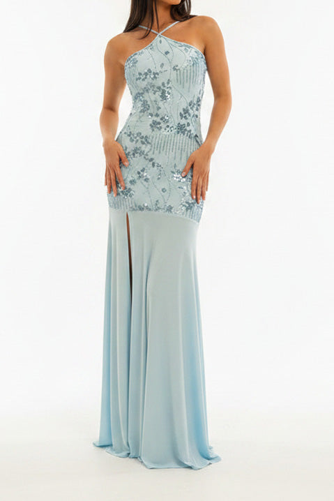 Sequin Floral Halter Mermaid Maxi Dress