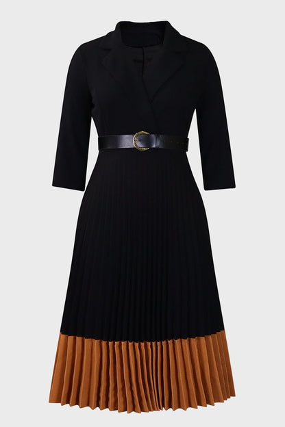 Two-Tone Belted Pleated Dress