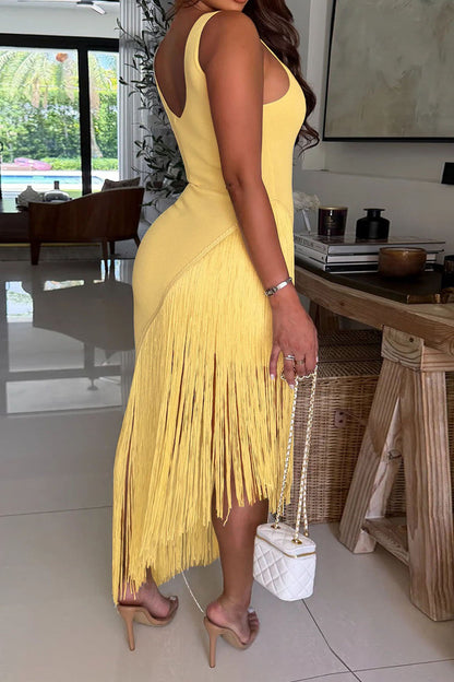 Sleeveless Asymmetrical Fringe Maxi Dress