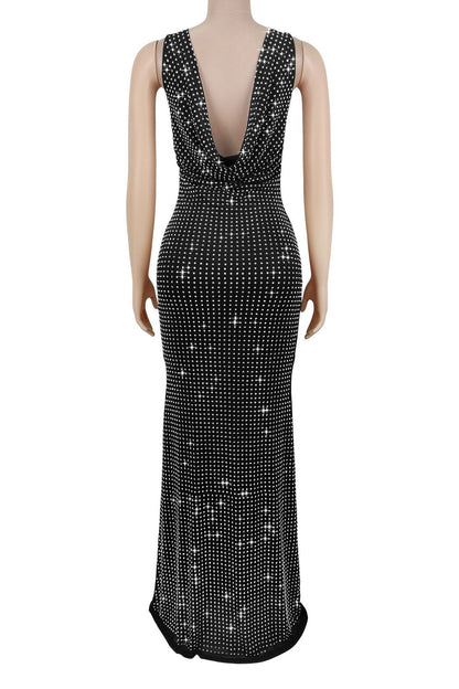 High-Waist Rhinestone Maxi Dress