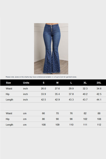 Pearl Decor Buttons Denim Flare Leg Jeans