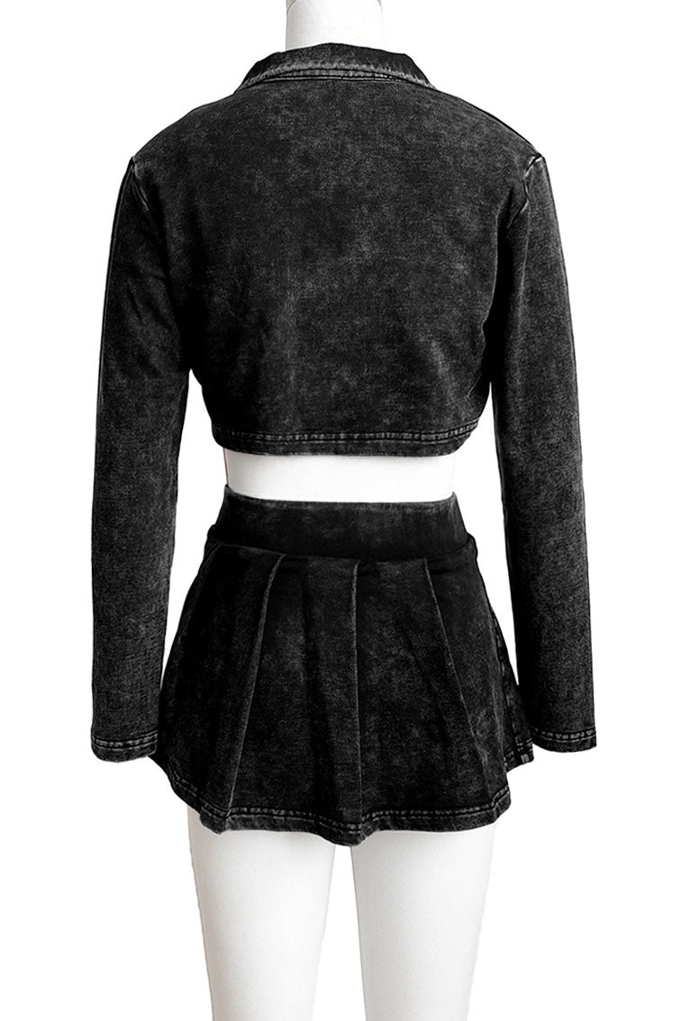 Three-Piece Acid Wash Set with Mini Pleated Skirt