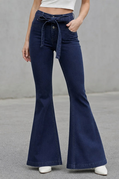 Medium Stretch High Rise Tie Belt Flare Jeans