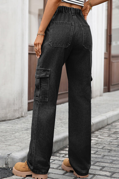 High Waist Elastic Baggy Cargo Jeans