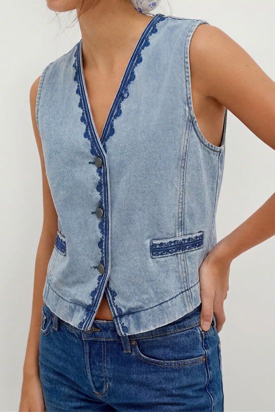 Embroidered Boho V-Neck Denim Vest