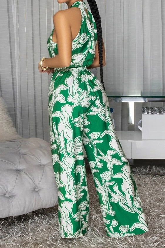 Floral Halter Tie Waist Wide Leg Jumpsuit