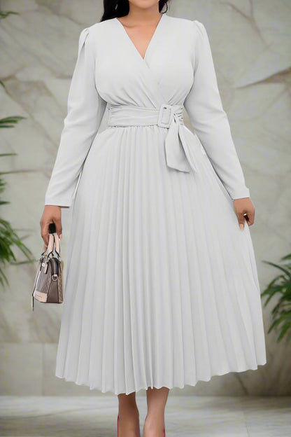 V Neck Long Sleeve Pleated Midi Dress