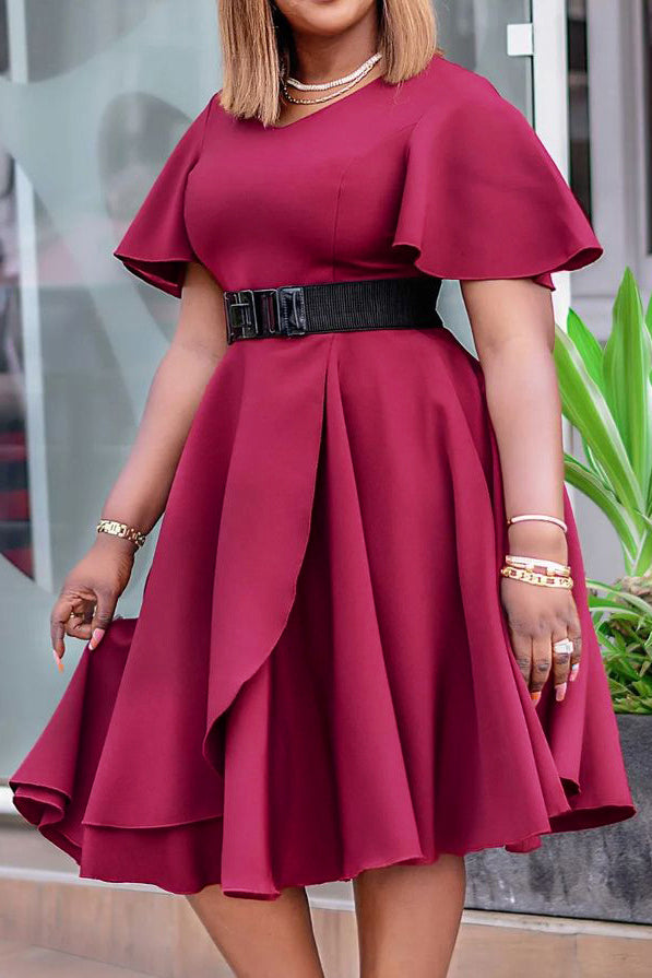 Bell Sleeve Solid Color Belt Dress
