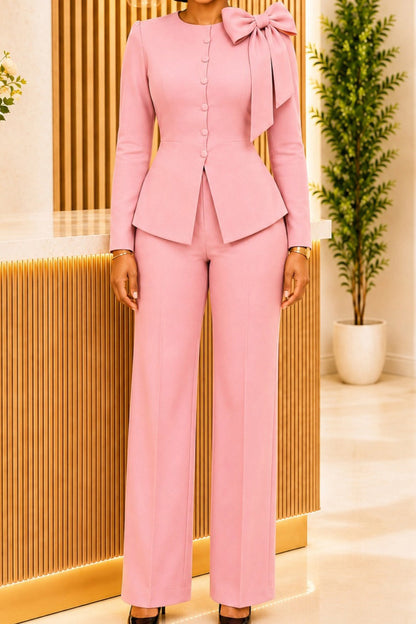 Bow-Detail Peplum Jacket & Wide-Leg Pants Set