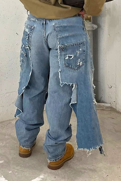 Double-Waistband Asymmetric Distressed Jeans
