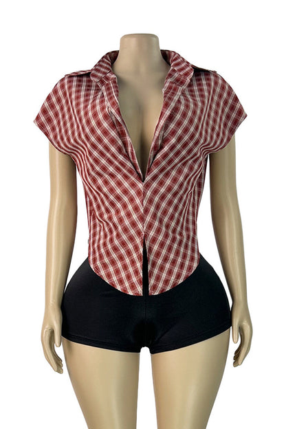 Plunge V-Neck Plaid Pointed Hem Top