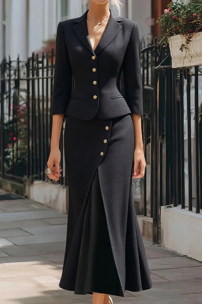 Solid Button Blazer and Slit Midi Skirt Set