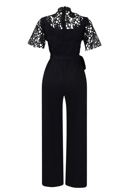 Lace Hollow Out Tie Waist Wide Leg Jumpsuit
