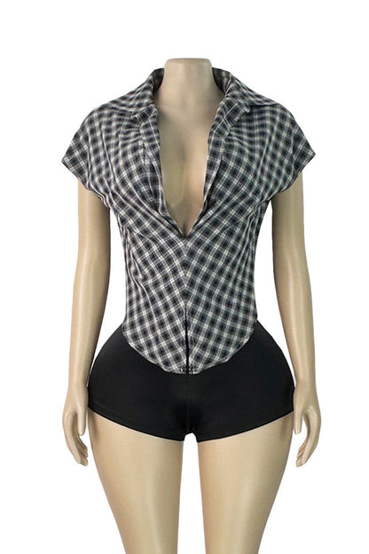 Plunge V-Neck Plaid Pointed Hem Top
