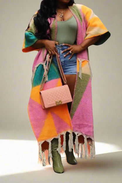 Tassel Color Block Open Front Cardigan