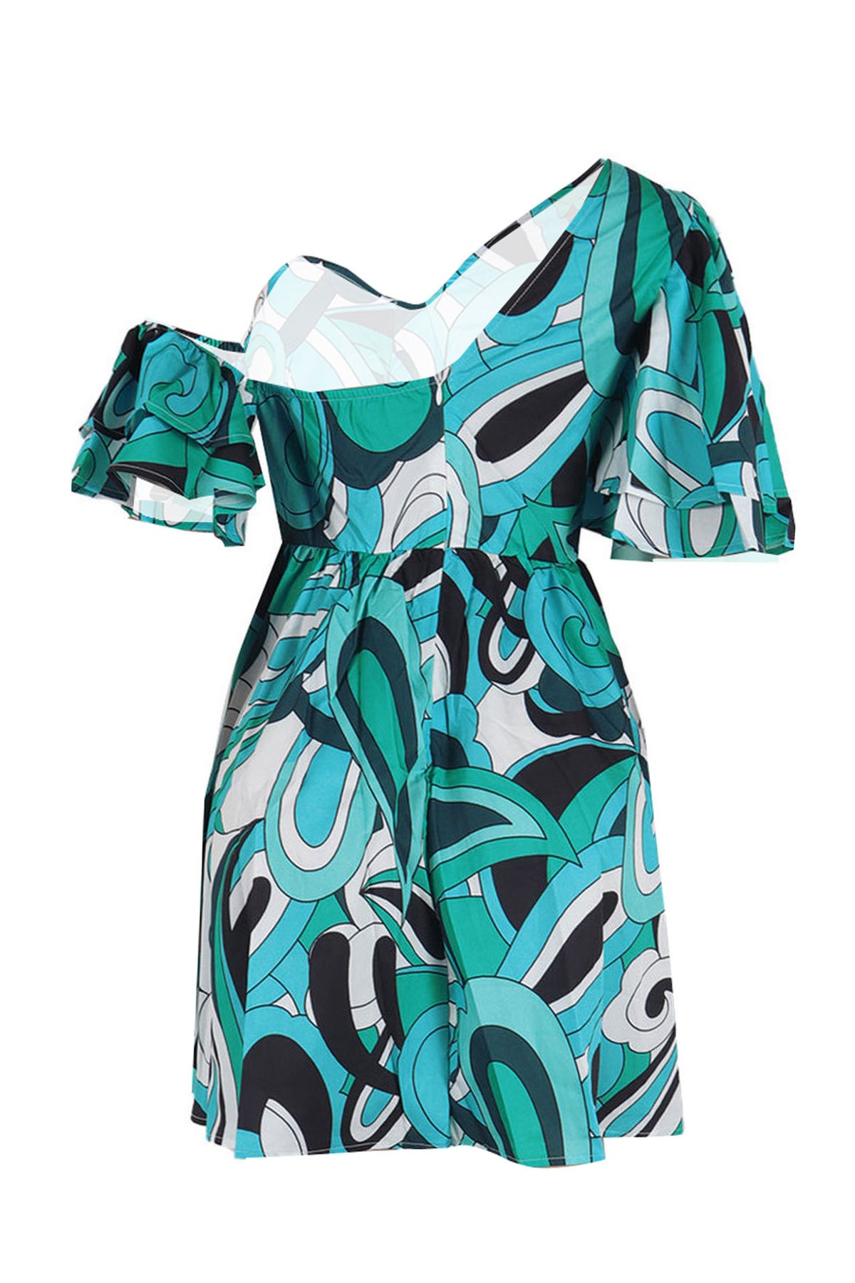 Asymmetrical Ruffle Sleeve Waist Slim Dress