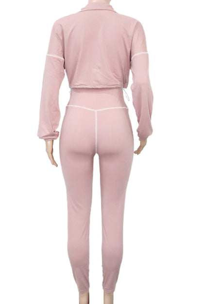 Solid Color Long Sleeve Zip-Up Top & Pants Set