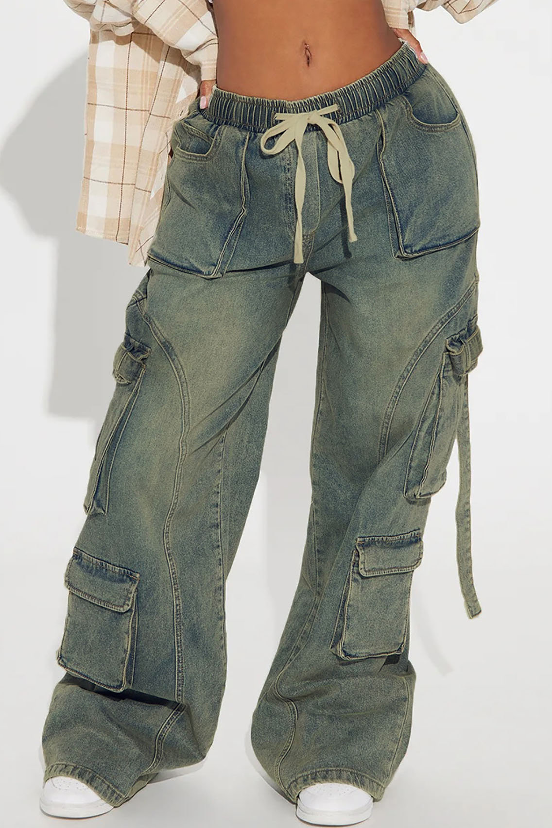 Drawstring Waist Washed Wide Leg Jeans