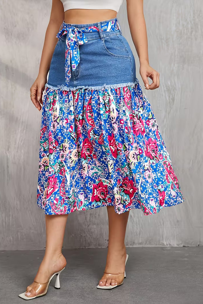 Frayed Denim Patchwork Boho Midi Skirt