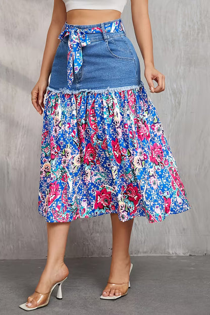Frayed Denim Patchwork Boho Midi Skirt