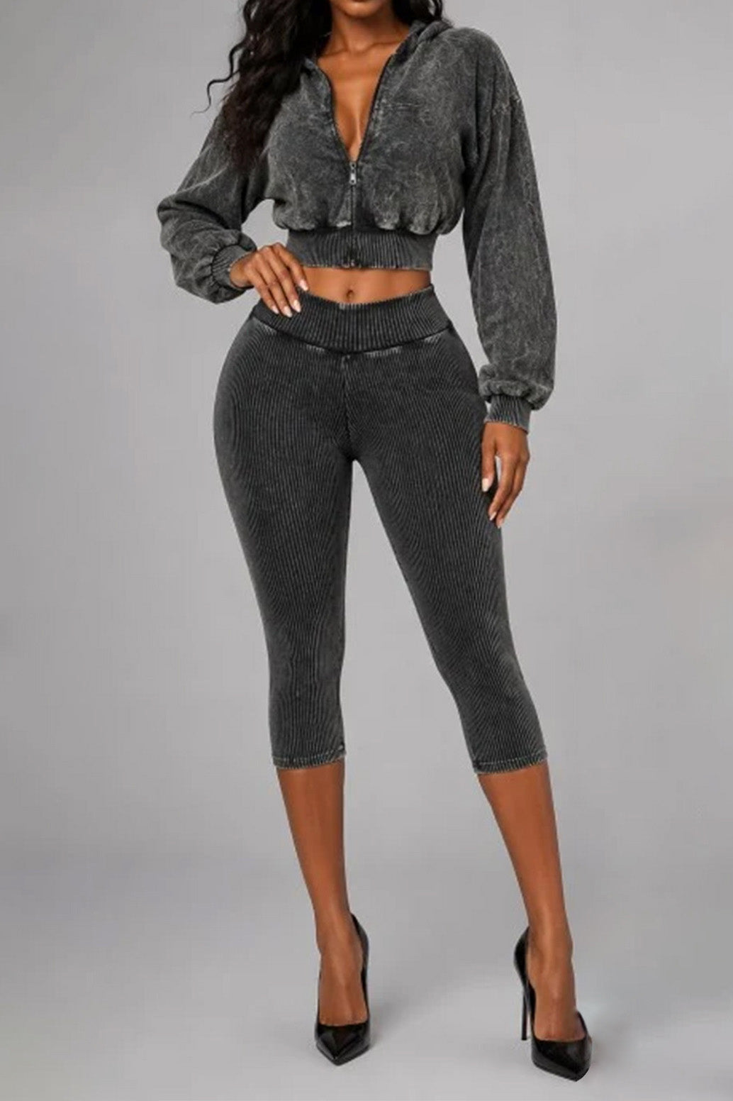 Washed Hoodie & Ribbed Capri Leggings Set