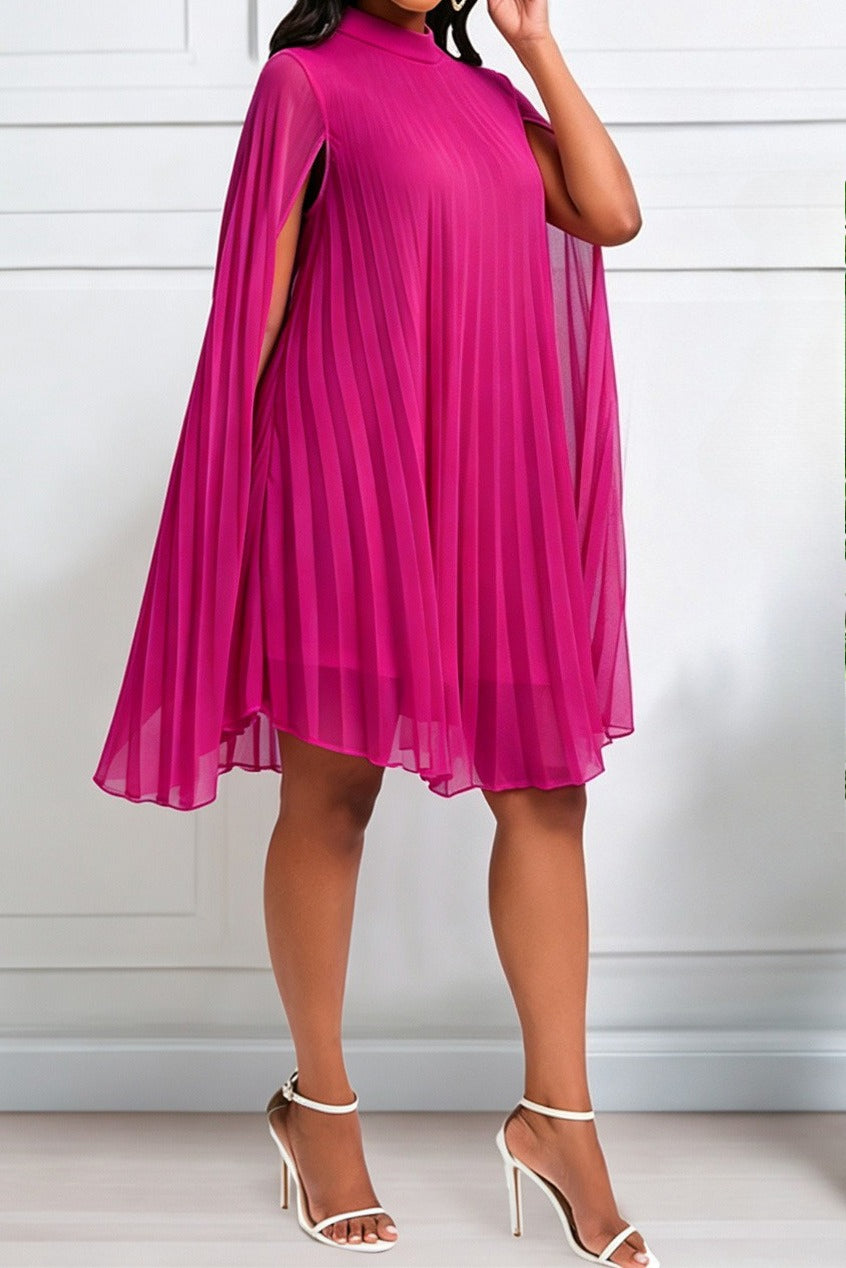 Pleated Cape Sleeve A Line Midi Dress