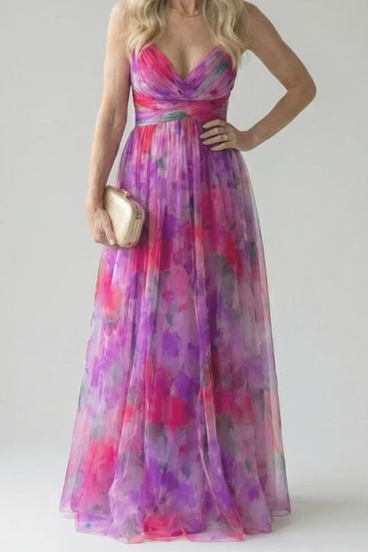 Abstract Chiffon Cutout Backless Maxi Dress