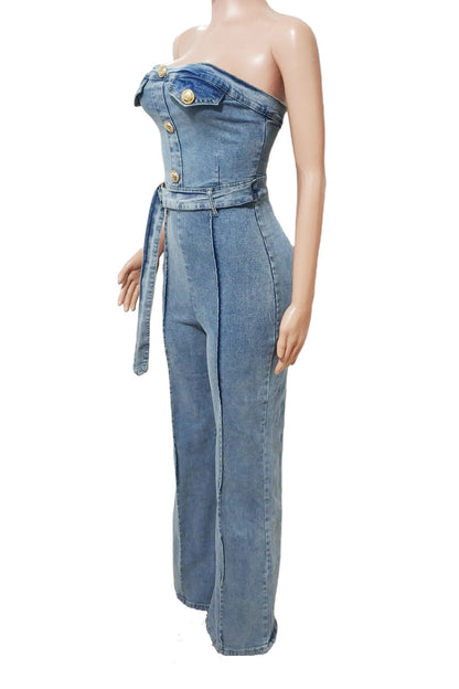 Strapless Slim Fit Washed Denim Jumpsuit