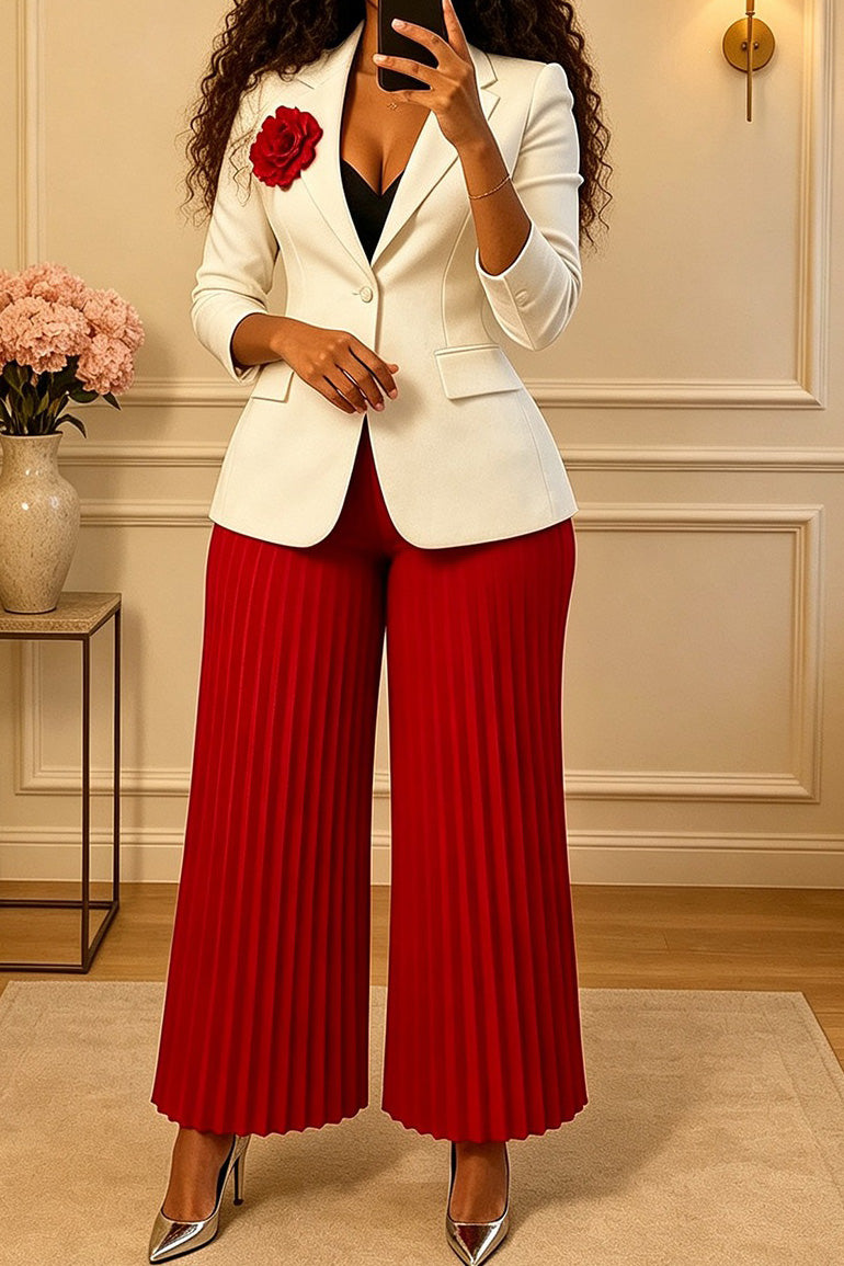 Floral Brooch Blazer Pleated Pants Set