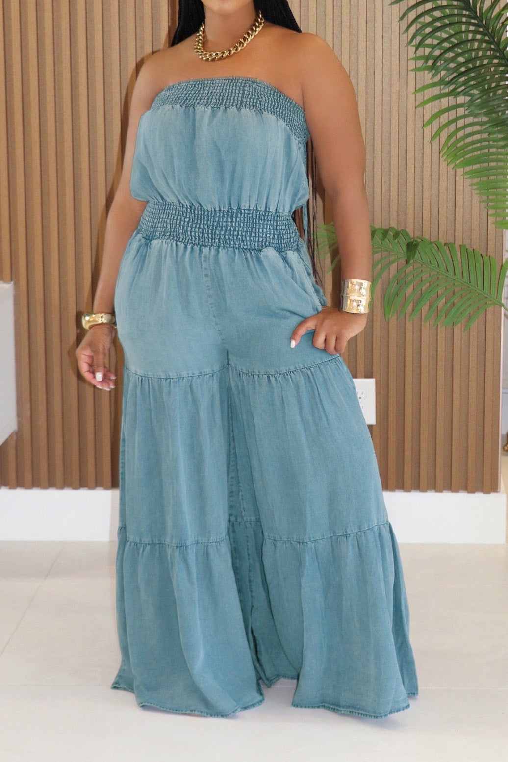 Denim Sleeveless Wide-Leg Jumpsuit