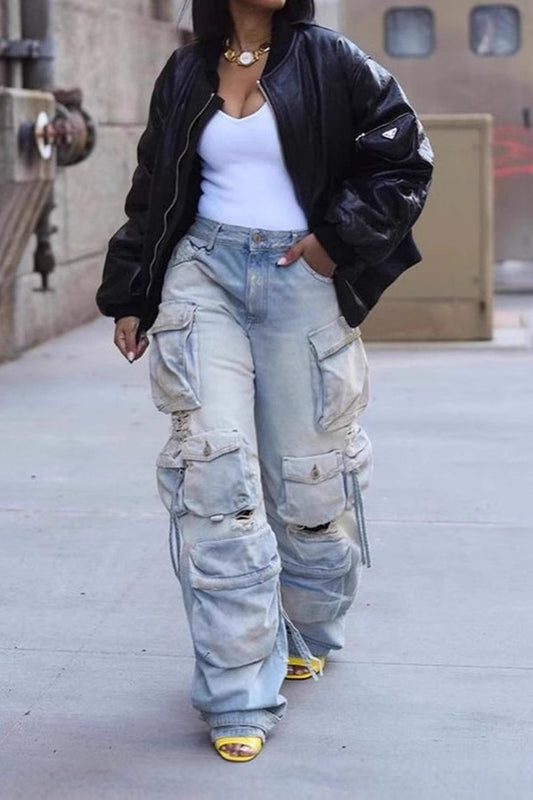 Distressed Cargo Jeans with Multi Pockets