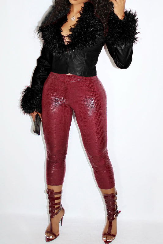 Detachable Fur Collar Cropped Faux Leather Jacket