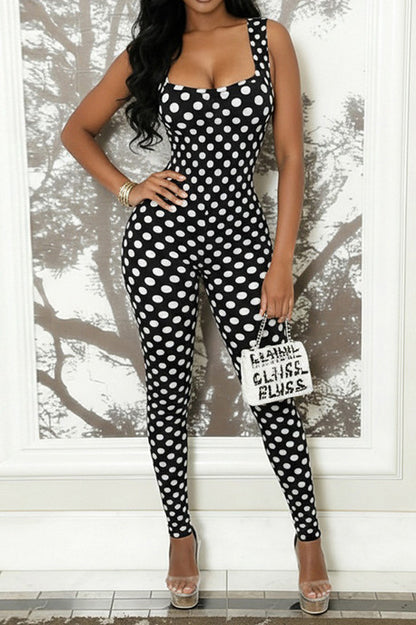 Sleeveless Polka Dot Bodycon Jumpsuit