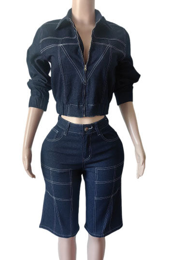 Contrast Stitch Denim Short Set