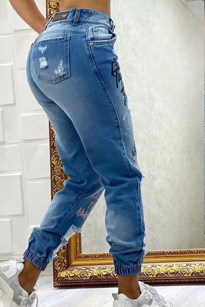 Letter Print Ripped Jeans