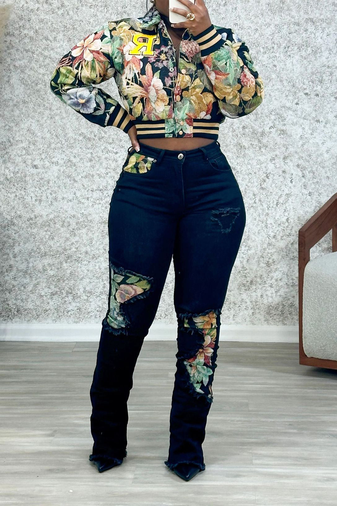 Cropped Tapestry Varsity Jacket