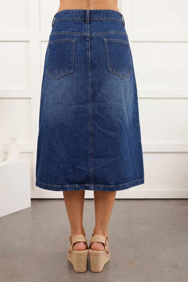 Button Front Cargo Denim Midi Skirt