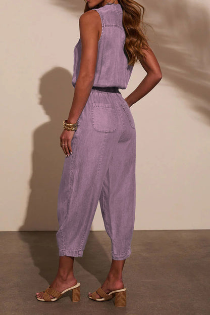 Sleeveless Drawstring Denim Utility Jumpsuit