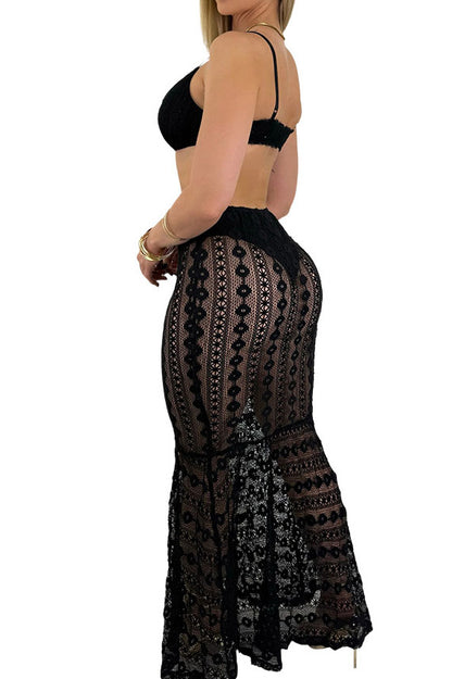 Strapless V-Neck Lace Sheer Bodycon Dress